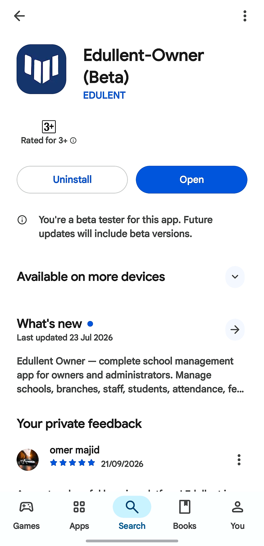 The Edullent Owner app on its Google Play store listing